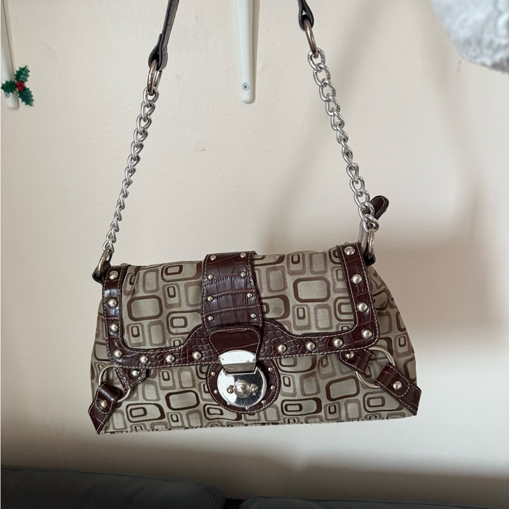 Brown Patterned Shoulder Bag with Studded Trim